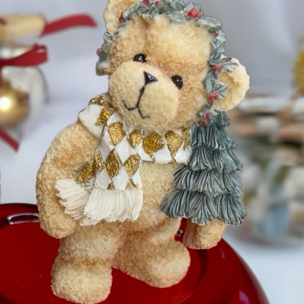 Vintage Bear Figurine with Scarf and Tree